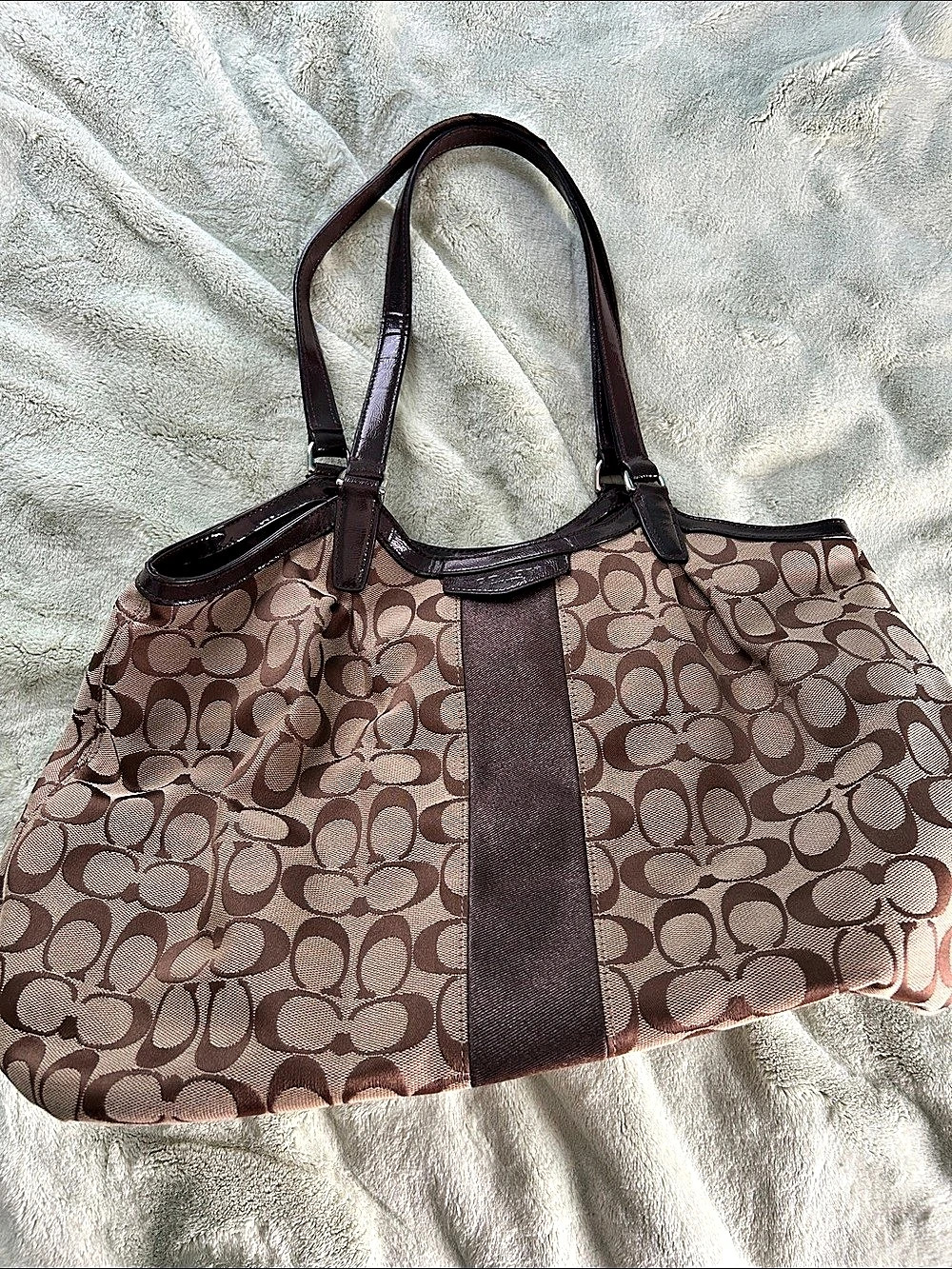 Coach Signature Stripe Devin Shoulder Tote Brown